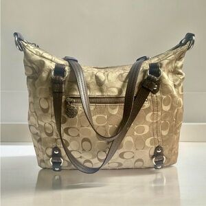 Coach Signature Alexandra Sateen And Leather Cream And Brown Bag